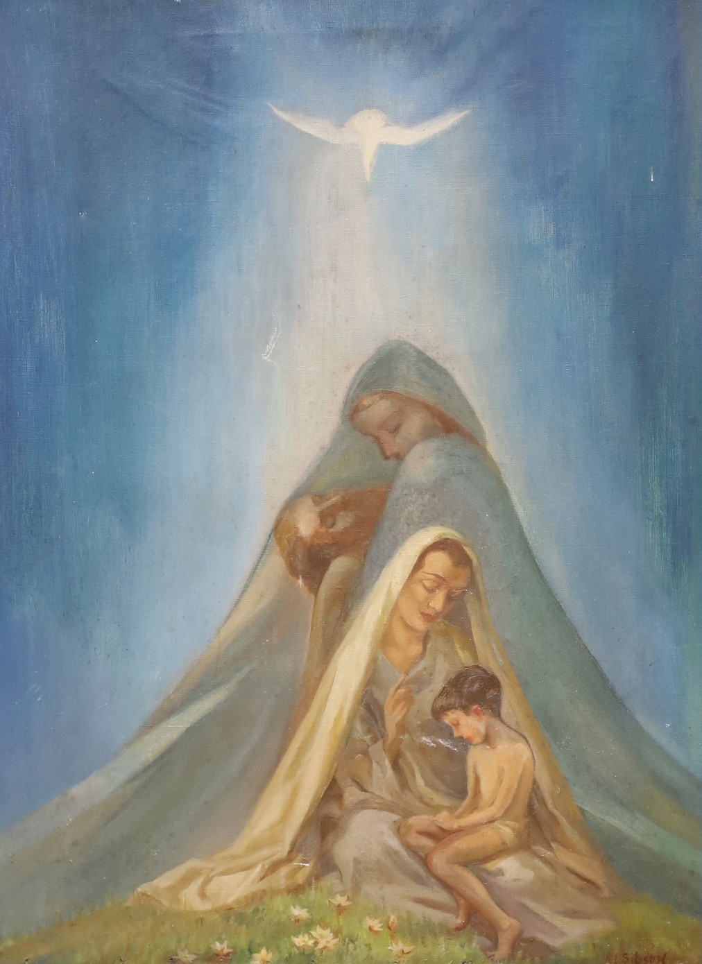 A J Sibson, oil on canvas, mother and child, signed, 90 x 67cm, together with Medici type print